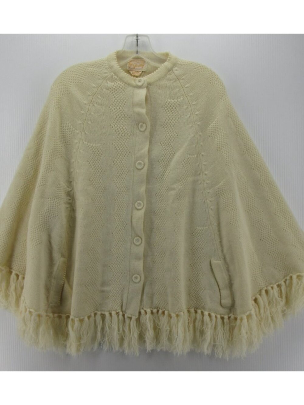 VTG Glentey Sweater OS White Poncho Cape Pointelle Fringe 70s 80s